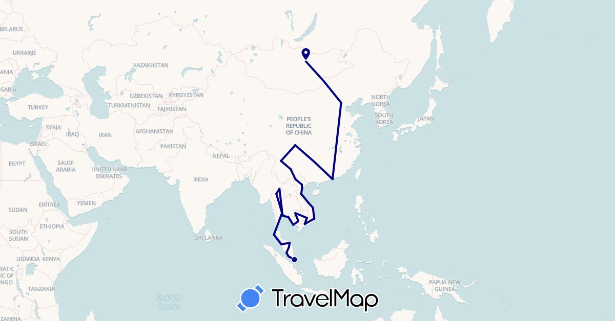 TravelMap itinerary: driving in China, Hong Kong, Cambodia, Mongolia, Malaysia, Singapore, Thailand, Vietnam (Asia)